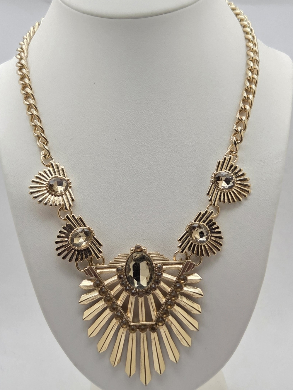 Art Deco Style Gold Tone Sunburst Rhinestone Statement Necklace 21"